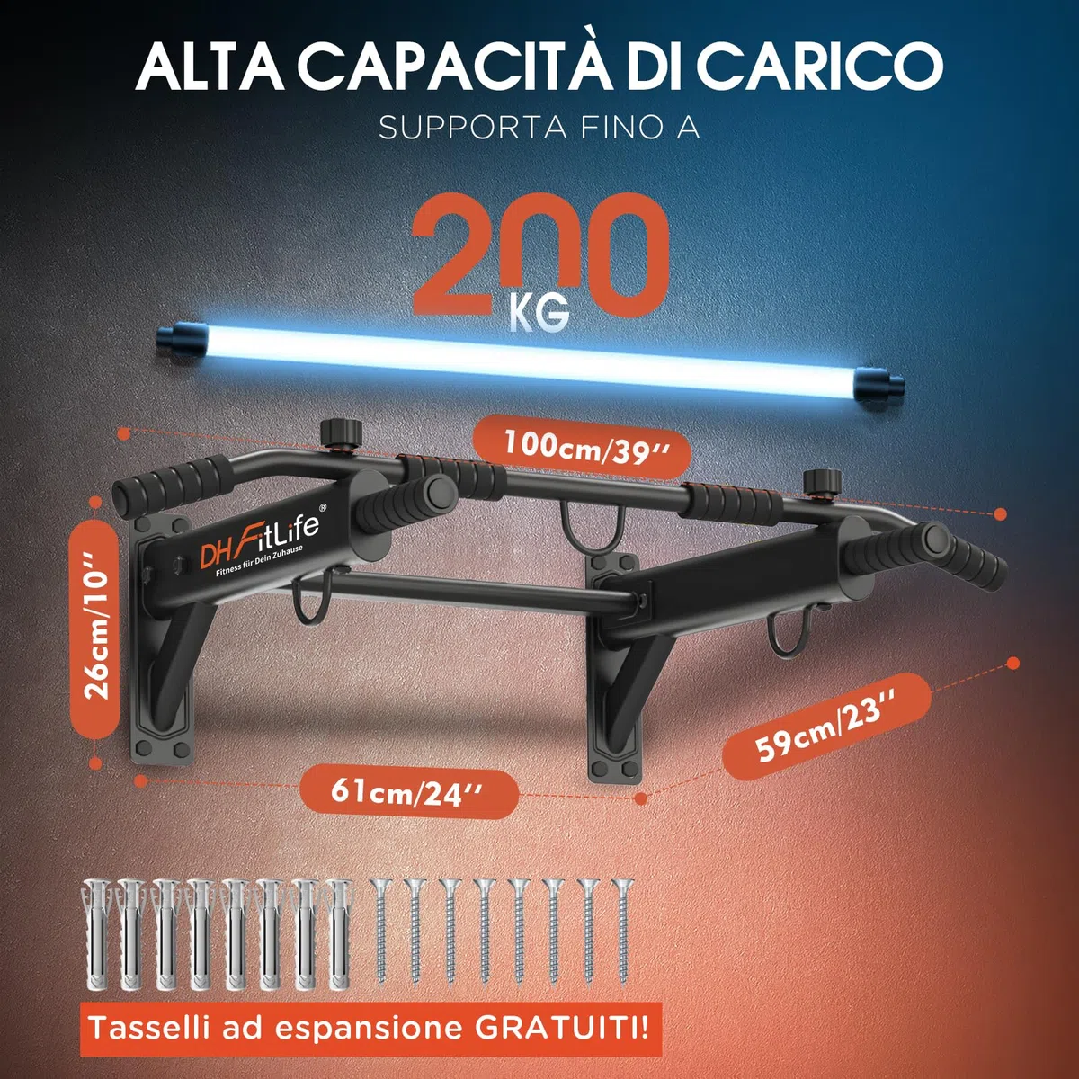 DH FitLife Sbarra Trazioni a Muro 4 in 1 con Tasselli ad Espansione, Pull-Up Bar Multifunzione per Casa, Stabile fino a 200kg | 6 Impugnature Antiscivolo | 3 Occhielli per Sacco Boxe & Sling Trainer
