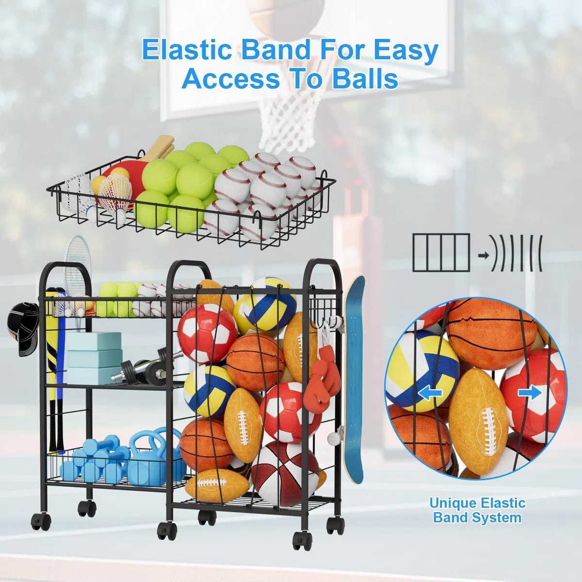 Carrello portaoggetti per palline, con 6 ruote, elastico, cestino rimovibile, gancio, scaffalatura per attrezzature sportive per garage, cameretta dei bambini, cortile, scuola, interni ed esterni