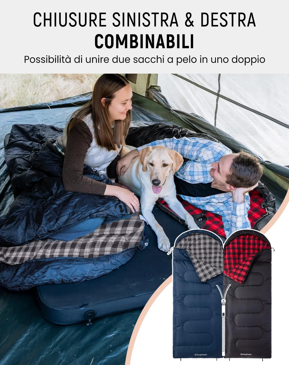 KingCamp Sacco a Pelo Invernale,4 Stagioni,Adulti XL in Flanella Cotone 230 x 90 cm,Caldo, Portatile Leggero Sacchi Pelo Campeggio all'aperto