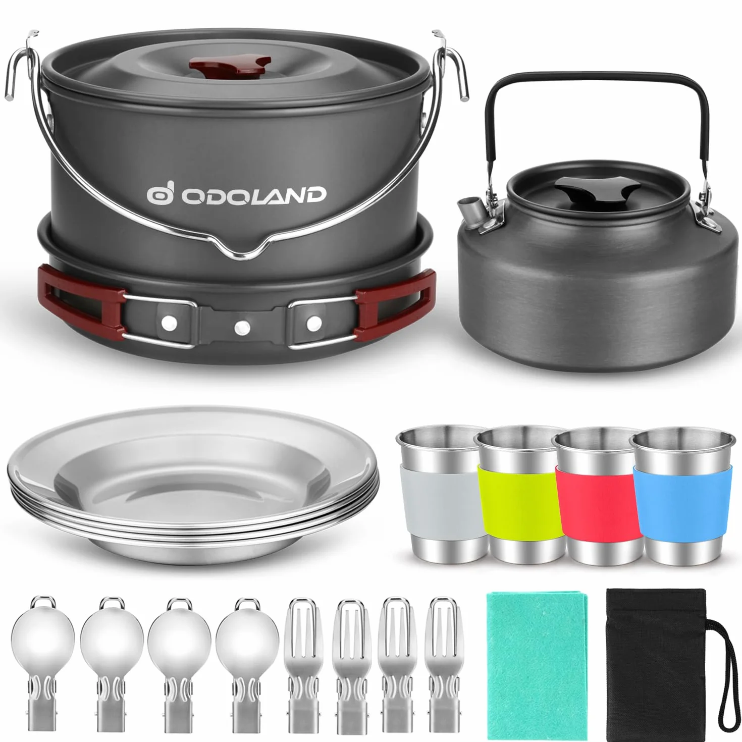 Odoland Set Pentole da Campeggio con Padella, Bollitore, Tazze e Piatti in Acciaio Inox e Posate Pieghevoli