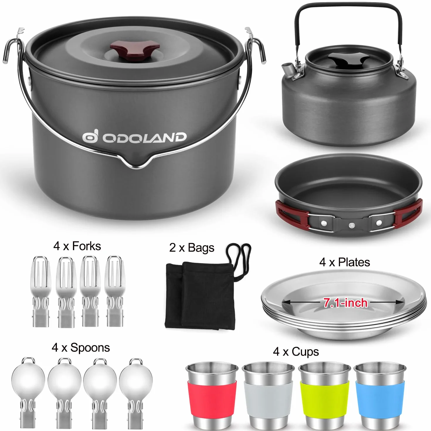 Odoland Set Pentole da Campeggio con Padella, Bollitore, Tazze e Piatti in Acciaio Inox e Posate Pieghevoli