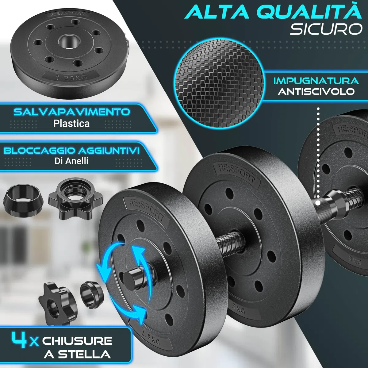 RE:SPORT Set di 2 manubri regolabili 15/20/30/40 kg | Manubri con pesi e 4 chiusure a stella | Manubri fitness per costruzione muscolare, allenamento e casa