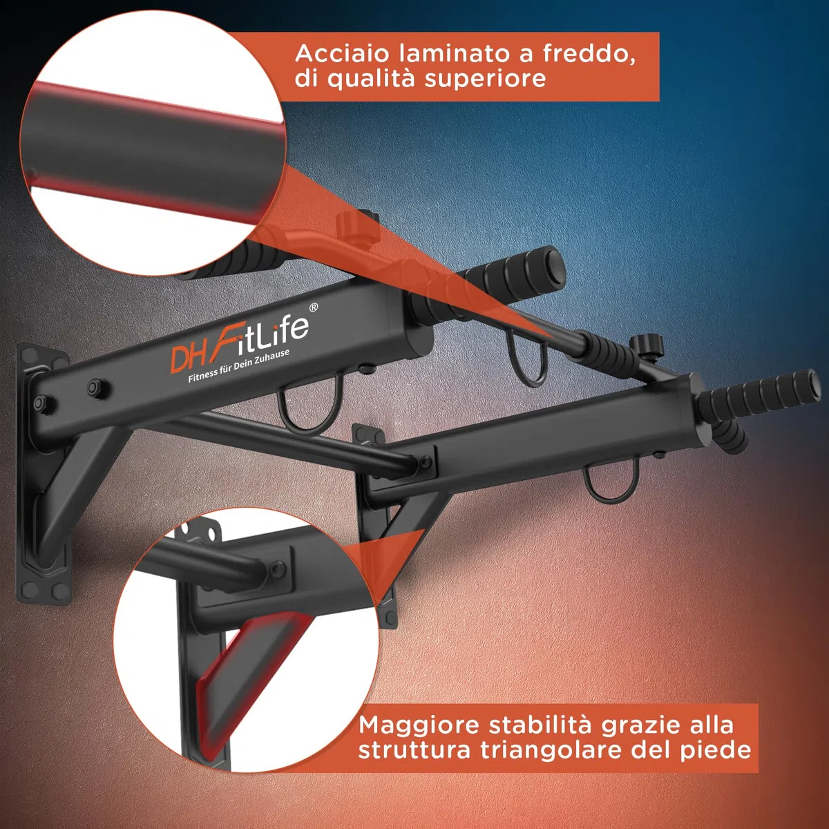 DH FitLife Sbarra Trazioni a Muro 4 in 1 con Tasselli ad Espansione, Pull-Up Bar Multifunzione per Casa, Stabile fino a 200kg | 6 Impugnature Antiscivolo | 3 Occhielli per Sacco Boxe & Sling Trainer
