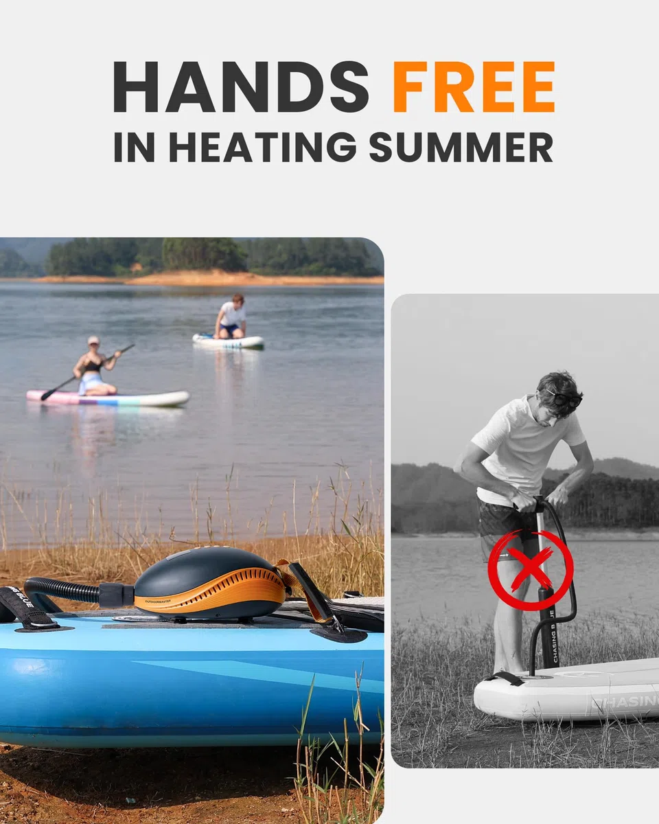 OutdoorMaster The Dolphin 20PSI Pompa Elettrica SUP ad Alta Pressione, 12V DC Connessione Pompa ad Aria, Gonfiatore Aria Rapido e Spegnimento Auto per Barche da Paddle Board Gonfiabili Sport Acquatici