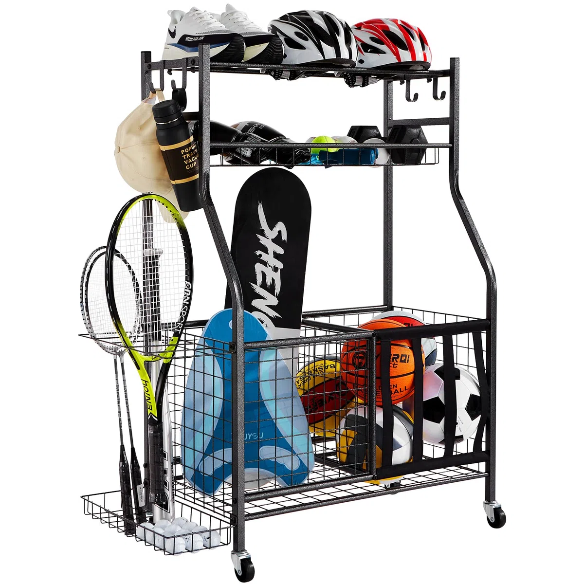 VEVOR Carrello Portautensili per Attrezzature Sportive Palla Racchetta, Carrello Portapalle su Ruote, Portapalle da Basket con Cestini Ganci, Carrello per Attrezzatura Sportiva Giocattoli Utensili