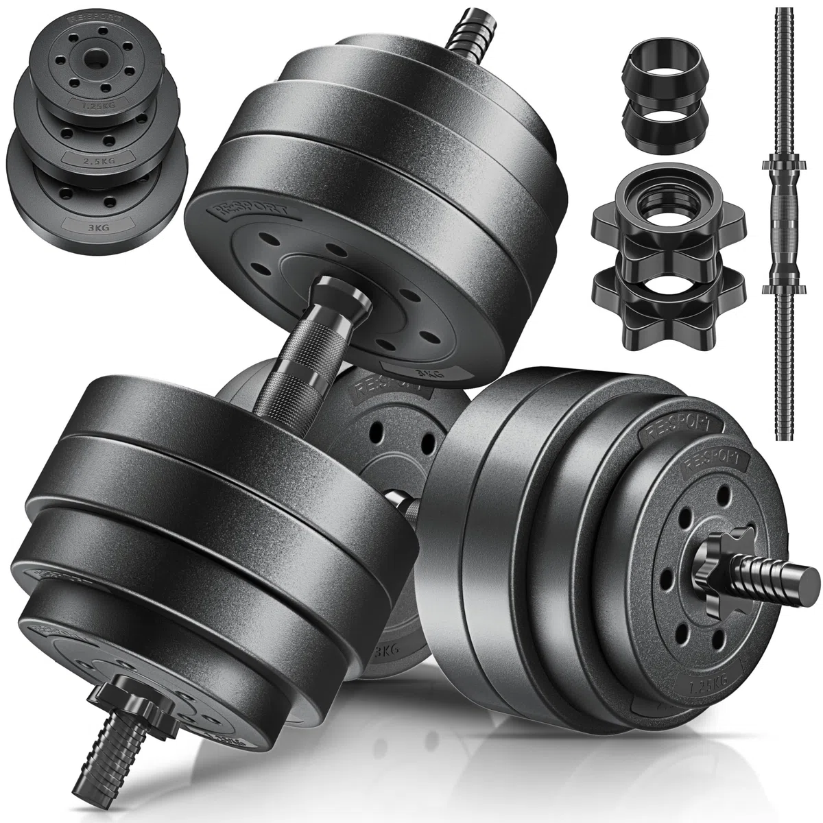 RE:SPORT Set di 2 manubri regolabili 15/20/30/40 kg | Manubri con pesi e 4 chiusure a stella | Manubri fitness per costruzione muscolare, allenamento e casa