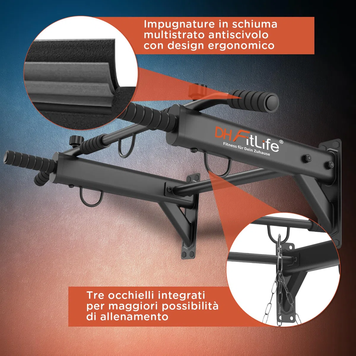 DH FitLife Sbarra Trazioni a Muro 4 in 1 con Tasselli ad Espansione, Pull-Up Bar Multifunzione per Casa, Stabile fino a 200kg | 6 Impugnature Antiscivolo | 3 Occhielli per Sacco Boxe & Sling Trainer