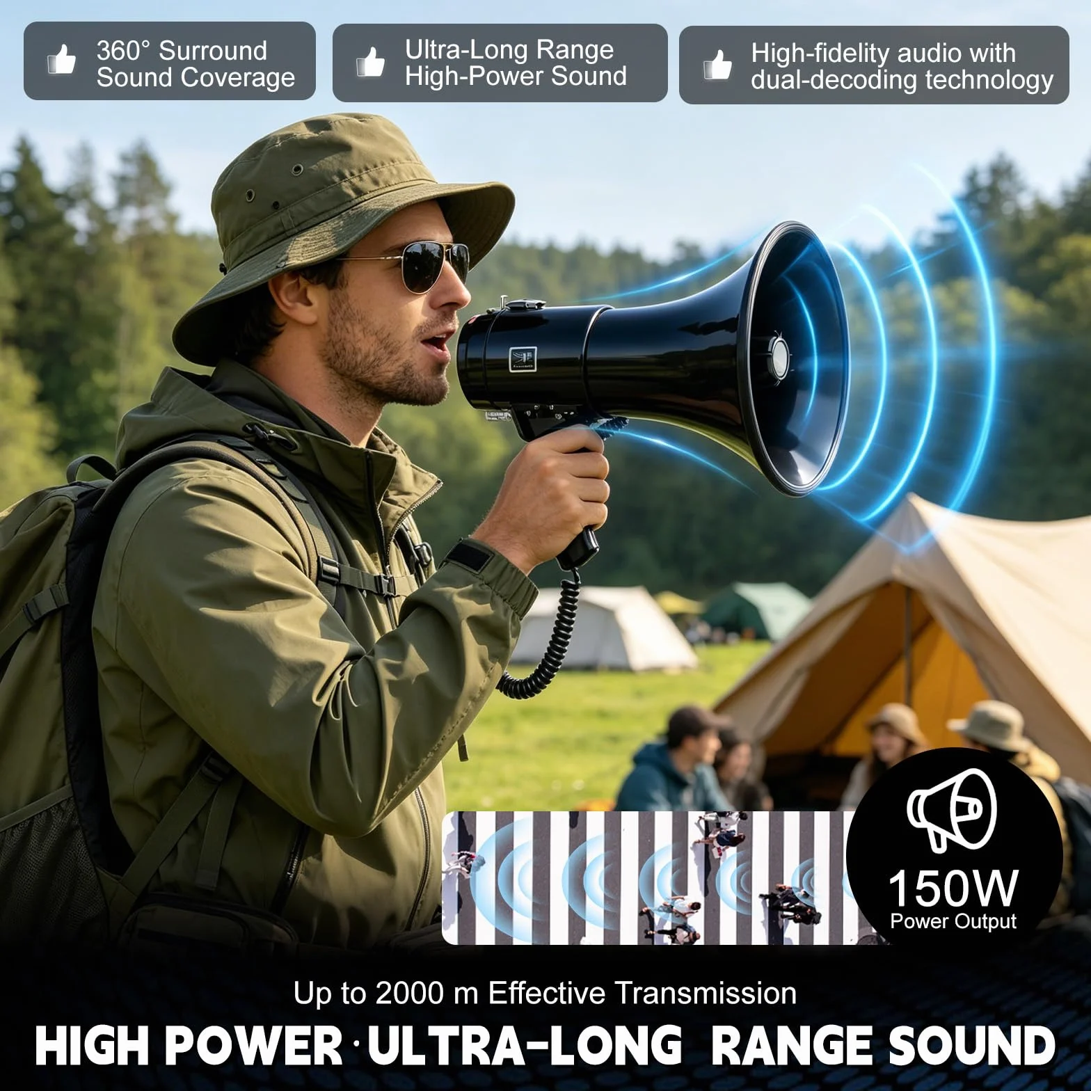 WingFly Megafono 150W, Megafono con Sirena e Microfono, Funzione di Registrazione e Bluetooth, Portata di 2000m, per Sport, Calcio, Basket, Baseball, Fans e Allenatori di Cheerleading e Sicurezza