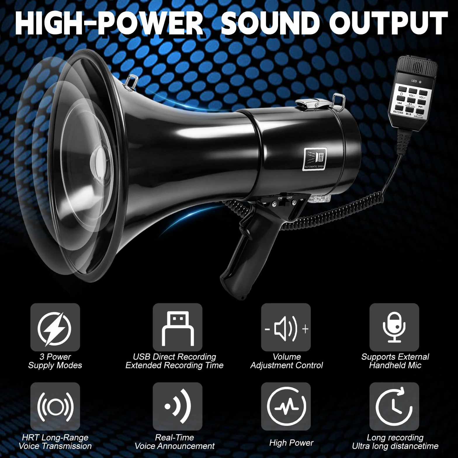 WingFly Megafono 150W, Megafono con Sirena e Microfono, Funzione di Registrazione e Bluetooth, Portata di 2000m, per Sport, Calcio, Basket, Baseball, Fans e Allenatori di Cheerleading e Sicurezza