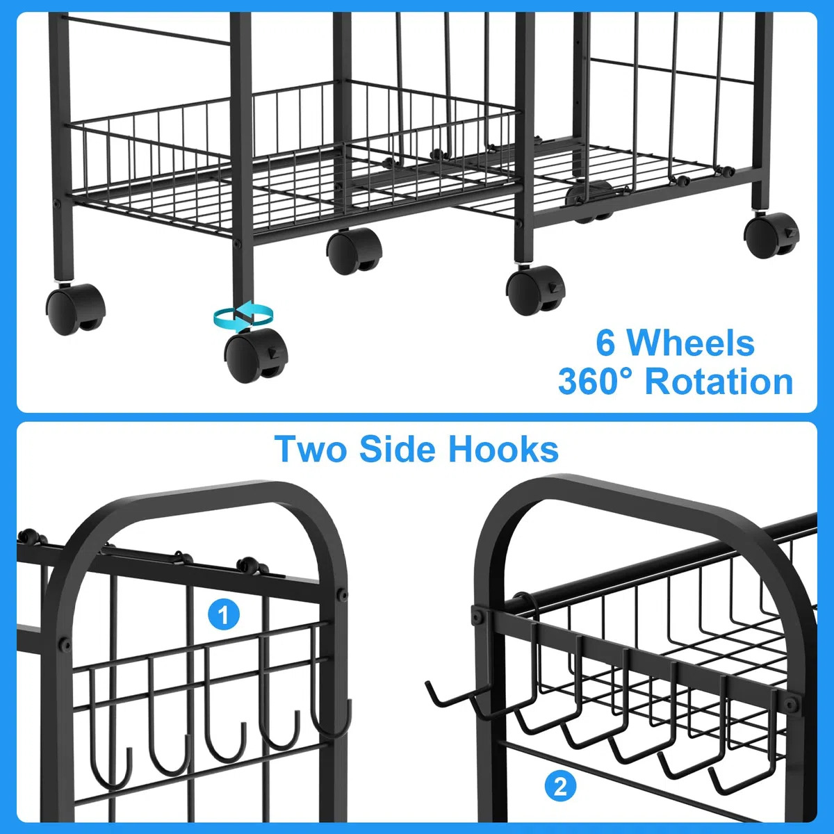 Carrello portaoggetti per palline, con 6 ruote, elastico, cestino rimovibile, gancio, scaffalatura per attrezzature sportive per garage, cameretta dei bambini, cortile, scuola, interni ed esterni