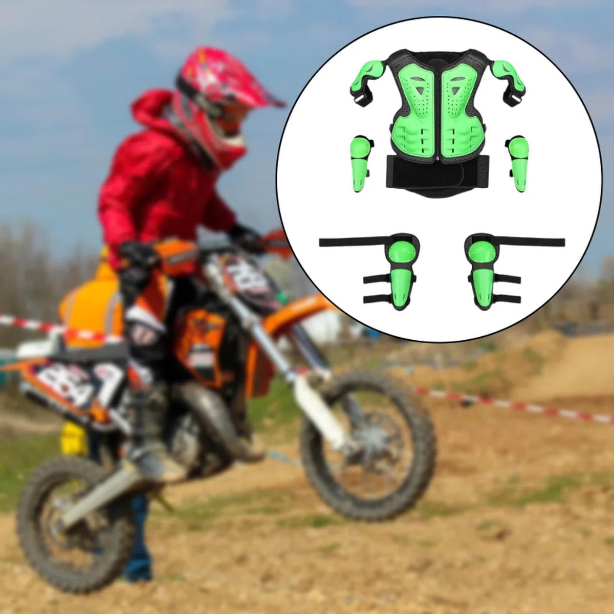 Tuta per armatura da motociclista per bambini con imbottitura per protezione spalla, braccio, gomito, ginocchio, verde