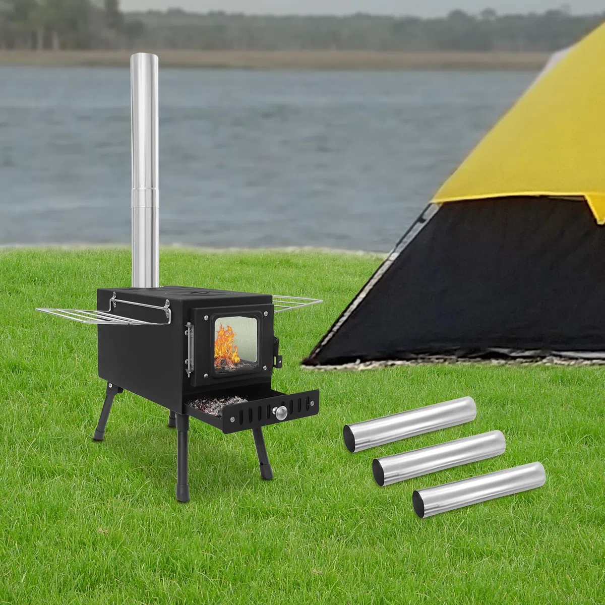 Forno a tenda da campeggio, pieghevole, a legna, portatile, con 5 tubi per canna fumaria e contenitore per raccolta cenere, per campeggio in tenda, riscaldamento all'aperto, pesca sul ghiaccio, caccia