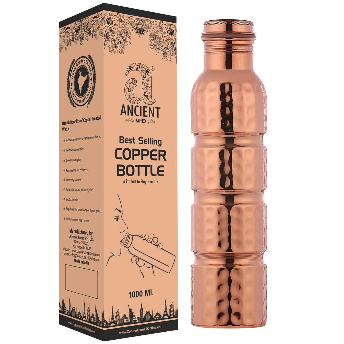 ANCIENTIMPEX - Borraccia in rame martellato puro da 1000 ml (33,81 FL Oz) | Design senza giunture, bottiglia ayurvedica a prova di perdite per disintossicazione, immunità e idratazione quotidiana