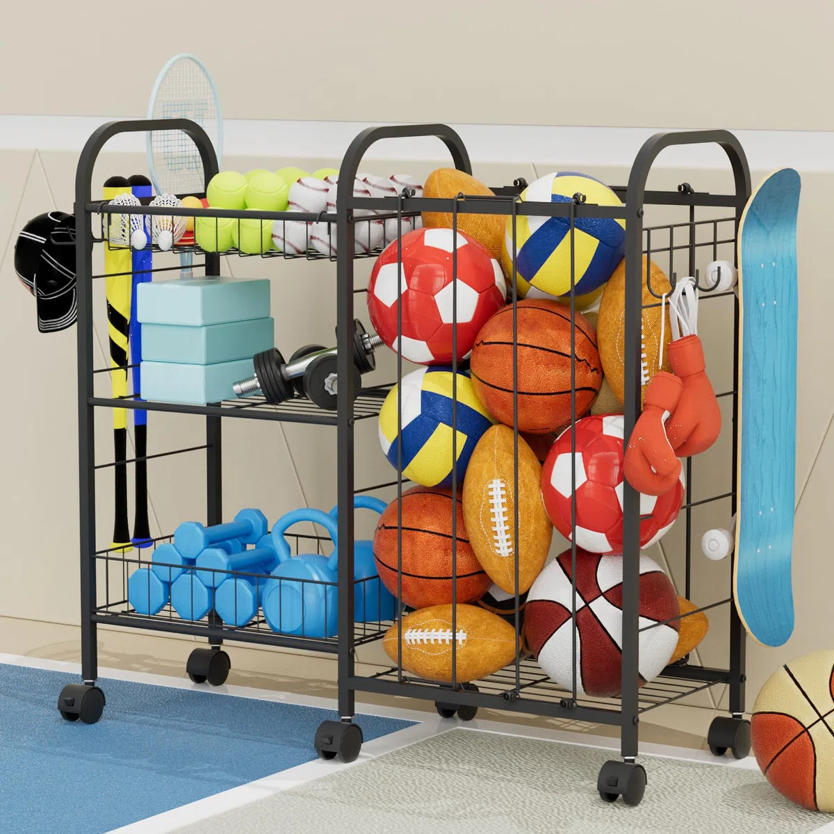 Carrello portaoggetti per palline, con 6 ruote, elastico, cestino rimovibile, gancio, scaffalatura per attrezzature sportive per garage, cameretta dei bambini, cortile, scuola, interni ed esterni