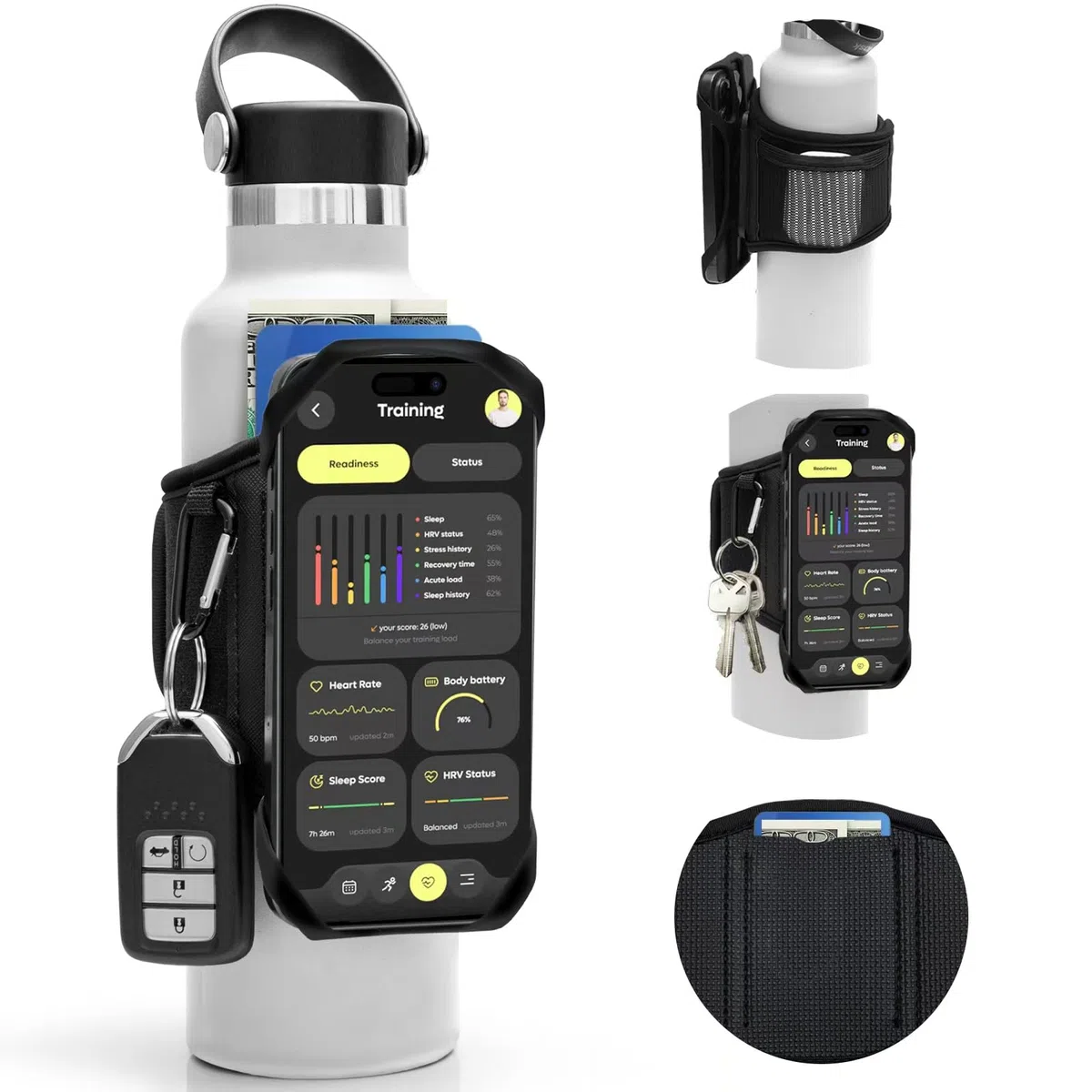Cikyner Cinghia per Bottiglia d'Acqua, Porta Bottiglia d'Acqua per Telefono Cellulare, Accessori da Palestra Rimovibili e Girevoli a 360° per Telefono da 4,5-7'' e Bottiglie da Diametri 5-9cm