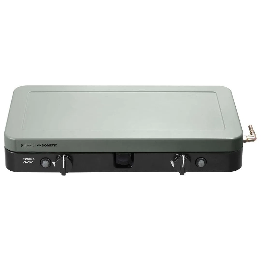 CADAC 2-Cook 3 Fornello da Campeggio Portatile - 30 mBar - Grill da Tavolo a 2 Fuochi con Accensione Piezoelettrica, Termocoppia di Sicurezza, Paravento e Borsa da Trasporto per Cucina all’Aperto