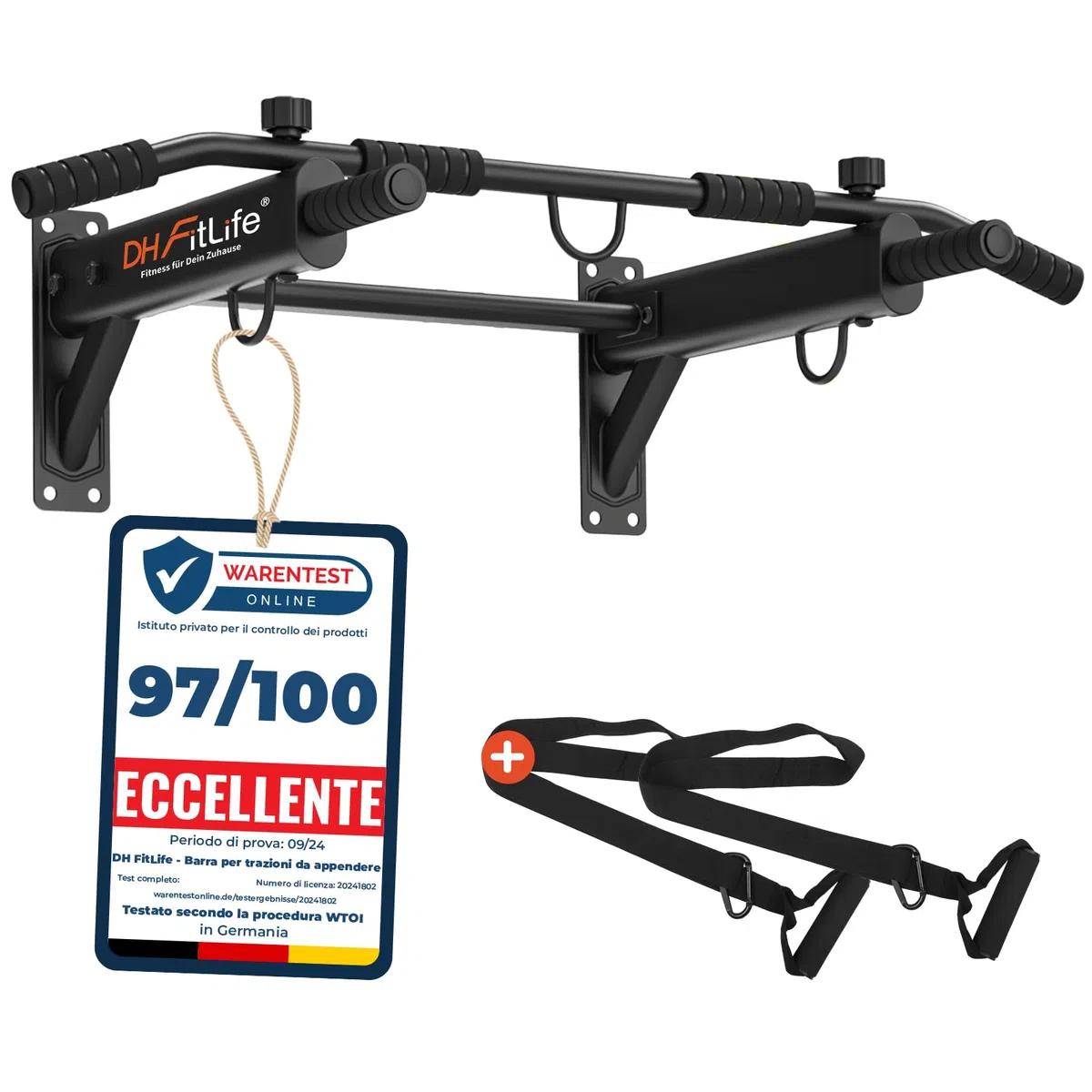 DH FitLife Sbarra Trazioni a Muro 4 in 1 con Tasselli ad Espansione, Pull-Up Bar Multifunzione per Casa, Stabile fino a 200kg | 6 Impugnature Antiscivolo | 3 Occhielli per Sacco Boxe & Sling Trainer