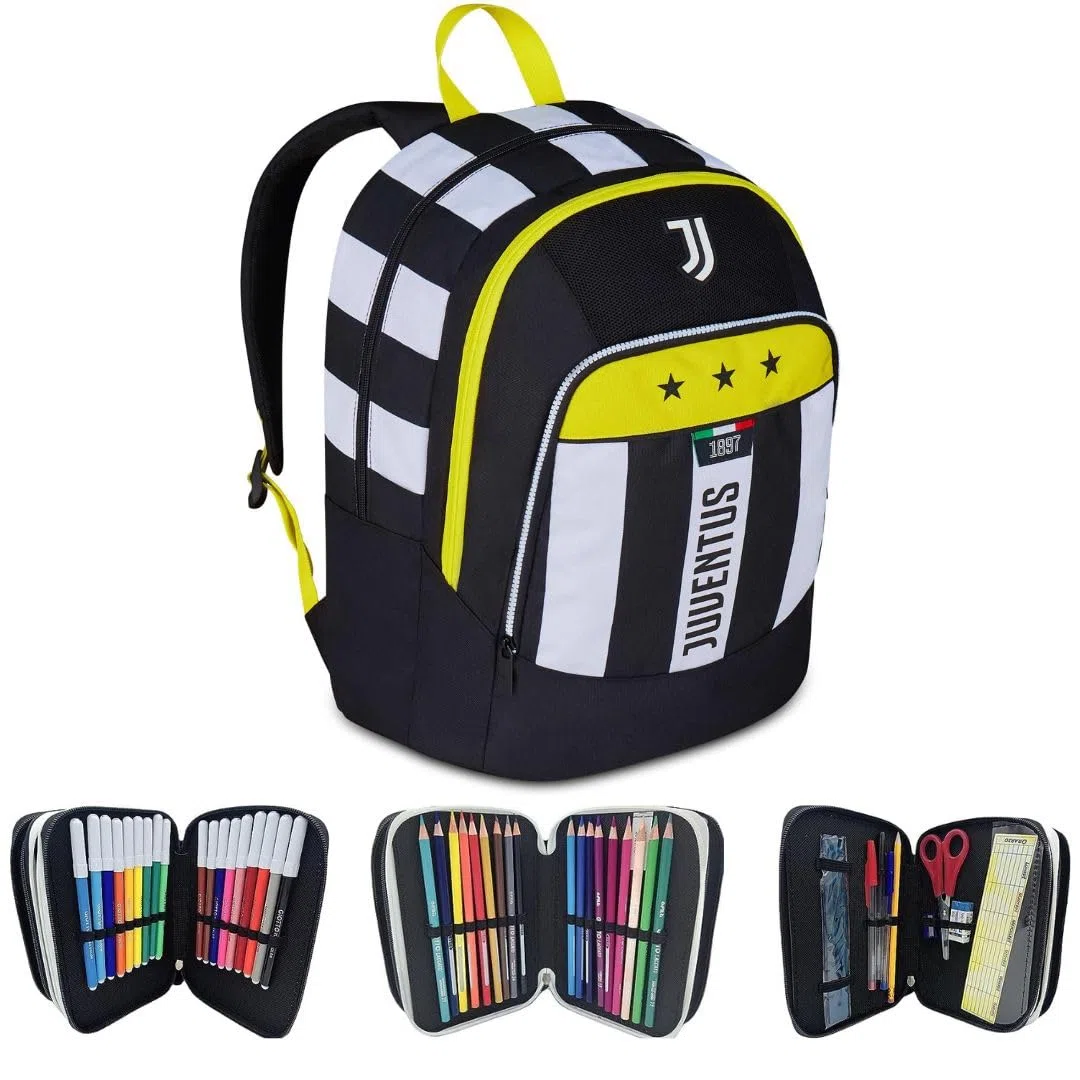 JUVENTUS Zaino scuola multiscomparto più astuccio 3 zip omaggio bianco e nero con colori a marchio