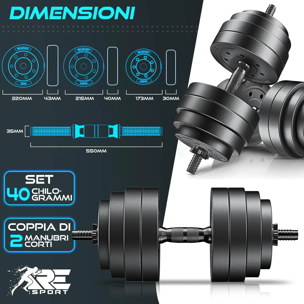 RE:SPORT Set di 2 manubri regolabili 15/20/30/40 kg | Manubri con pesi e 4 chiusure a stella | Manubri fitness per costruzione muscolare, allenamento e casa