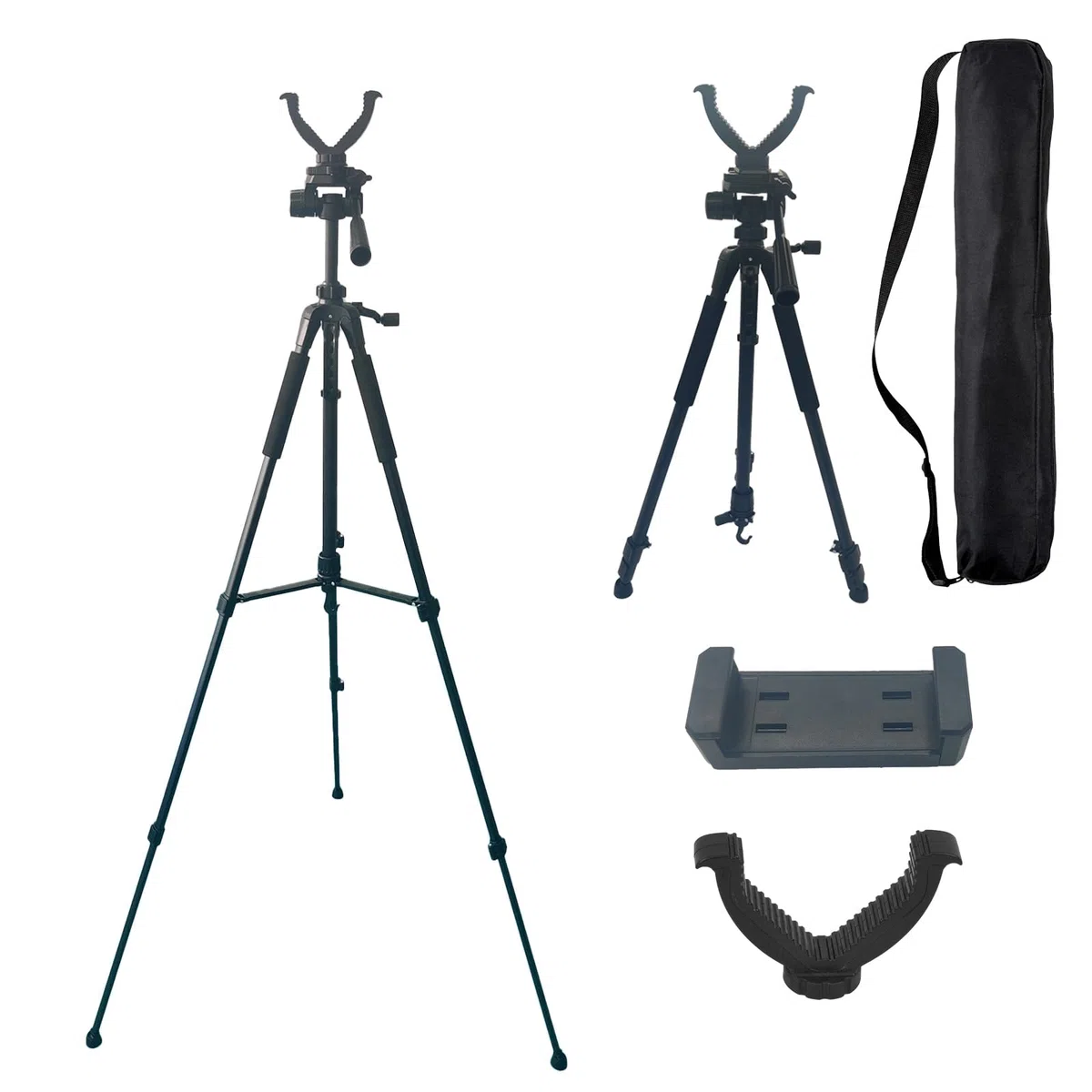 Treppiede per fucile con staffa a V girevole a 360 e adattatore per treppiede per fotocamera, telaio in alluminio, livella a bolla, gambe regolabili per caccia e attività all'aperto