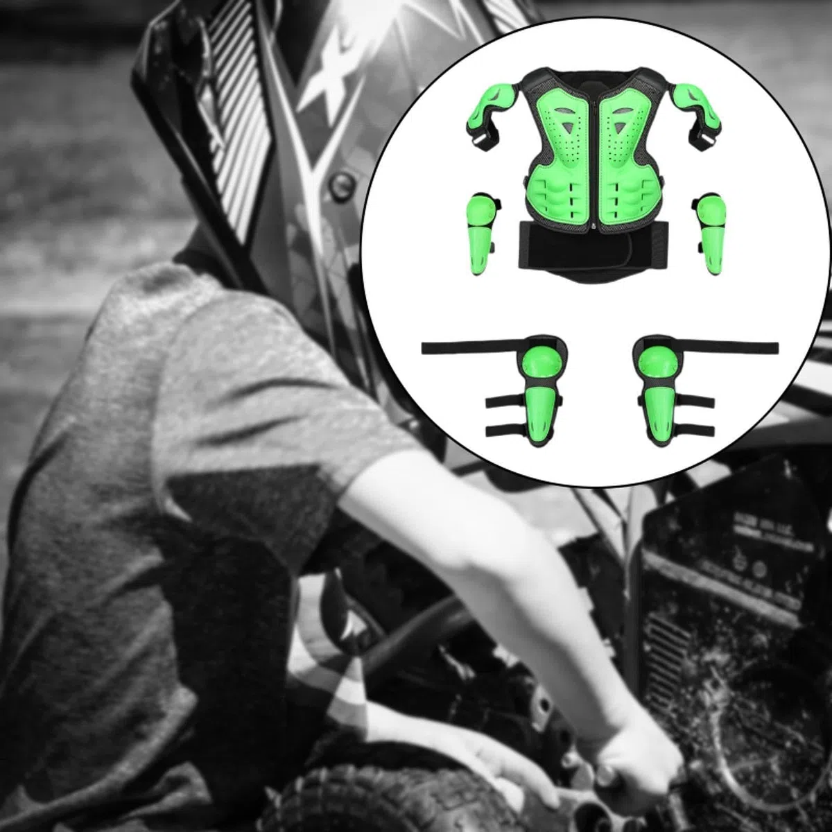 Tuta per armatura da motociclista per bambini con imbottitura per protezione spalla, braccio, gomito, ginocchio, verde
