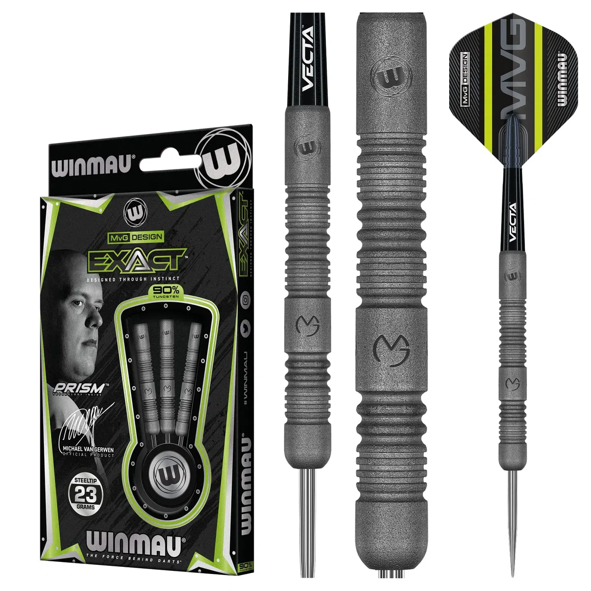 WINMAU Set di Freccette Michael Van Gerwen MvG Exact Steeltip – Include Alette e steli, Disponibili in 21,5 g, 23 g, 24 g e 25 g, Set di Freccette Professionali al 90% in tungsteno