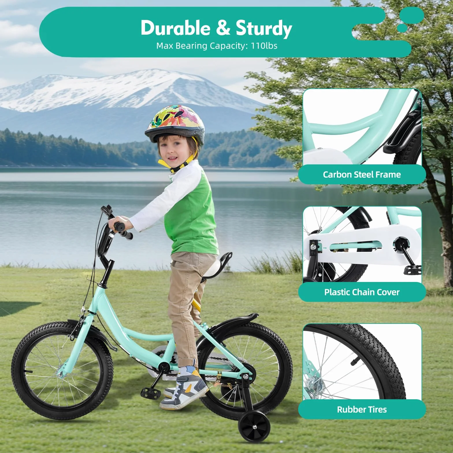 Bicicletta per bambini da 16 pollici, regolabile in altezza, con ruote di supporto e parafanghi, comoda sella per principianti, bicicletta per ragazzi e ragazze dai 5 ai 8 anni, altezza 105 – 135 cm