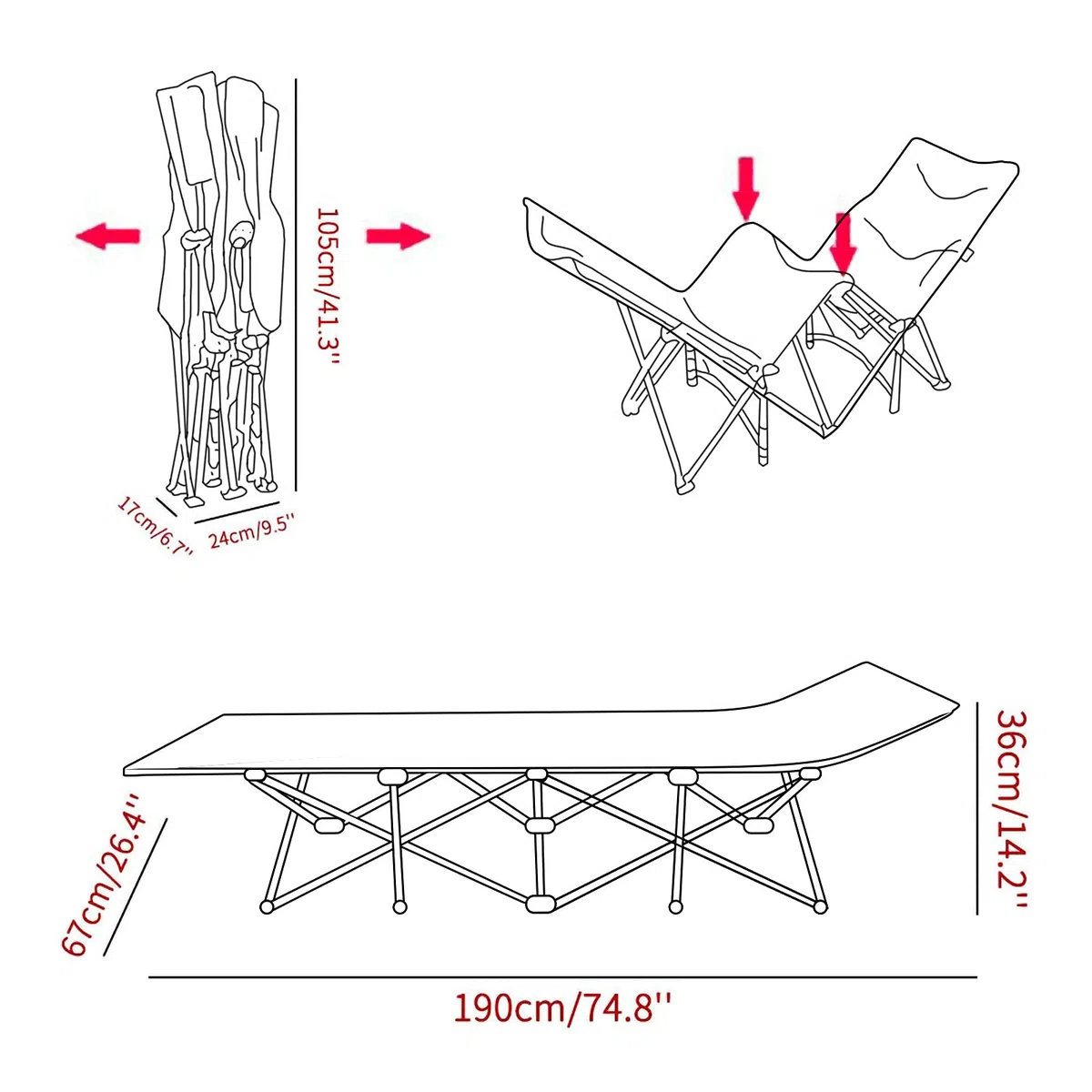 Lettino da Campeggio Pieghevole Resistente per Adulti - Divano Letto da Spiaggia Portatile Grandi Dimensioni con Struttura in Acciaio Carico Massimo 280 kg con Borsa per il Trasporto 190 * 67 * 36 CM