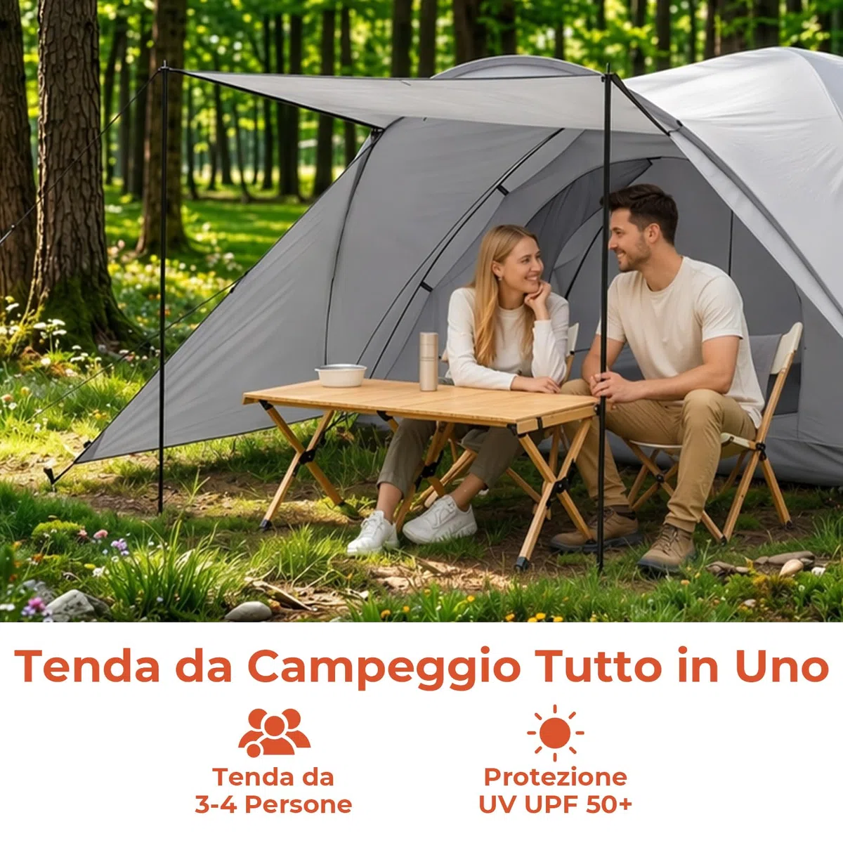 Tenda da campeggio per 2-3 persone, modello a cupola con zona d'ingresso e tettoia pieghevole, impermeabile e resistente ai raggi UV, ideale per il campeggio, i festival e le vacanze
