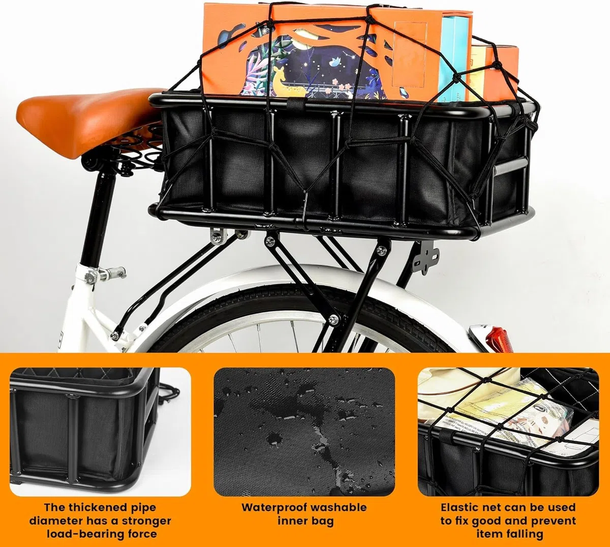 Cestino Bicicletta Posteriore, Cestino Posteriore per Bicicletta con Rete di Carico e Fodera Spessa, Cestino per Bici in Metallo, per Adatto La Maggior Parte Delle Biciclette e Delle E-bike
