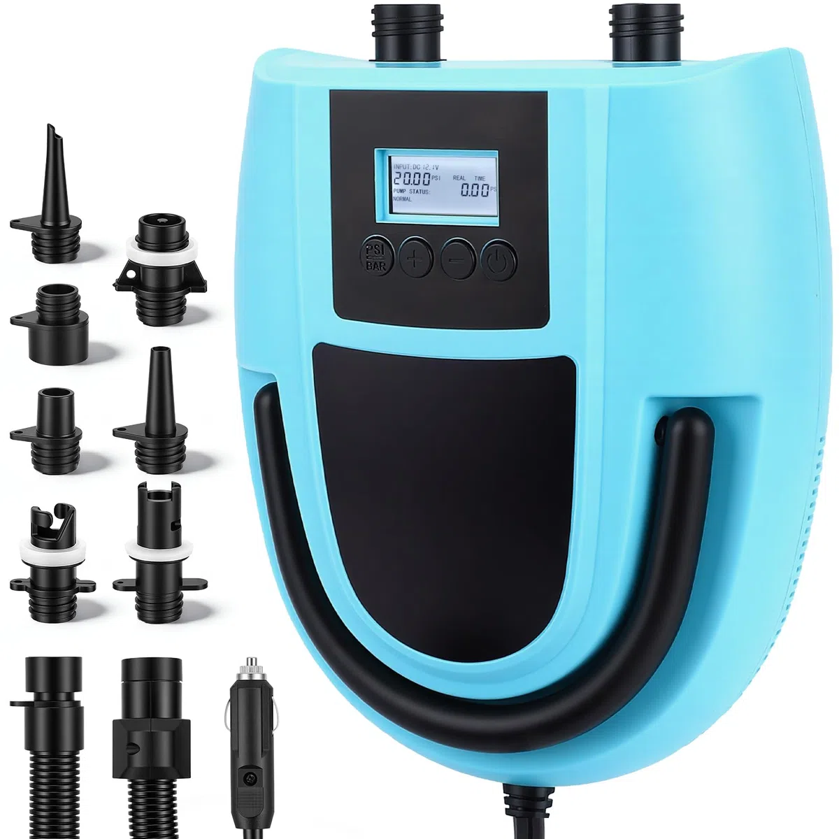 Pompa Elettrica per SUP, 12V con Spegnimento Automatico, Pressione Regolabile fino a 20 PSI e Display Digitale – Pompa ad Aria Elettrica con 7 Ugelli per Barche, Materassini, Piscine e Gommoni
