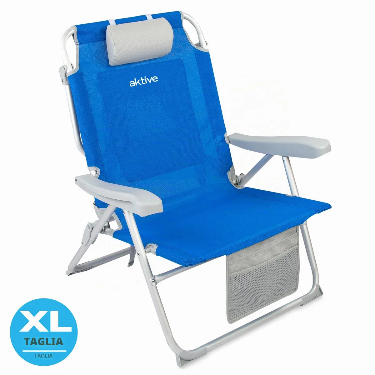 AKTIVE Sedia da spiaggia pieghevole e reclinabile con 5 posizioni, seduta e altezza XXL, portatile e pieghevole 55x66x86 cm, include cuscino, 1 tasca