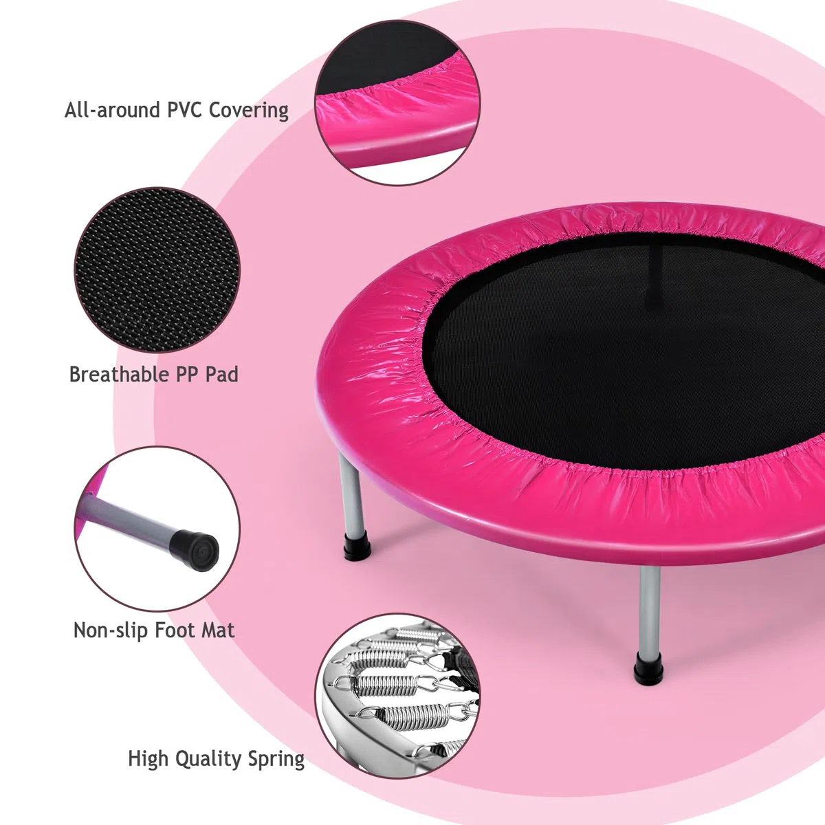 KOMFOTTEU Mini Trampolino Ø96 cm, Trampolino Elastico per Fitness Pieghevole, per Bambini con Capacità di 150 kg, con Piedini Antiscivolo, Tappeto Fitness per Allenamento Interno