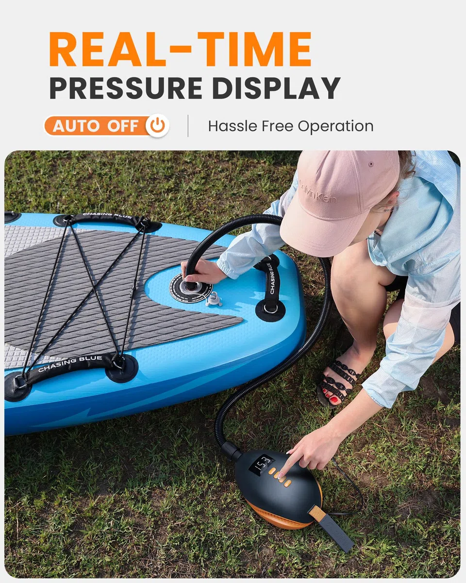OutdoorMaster The Dolphin 20PSI Pompa Elettrica SUP ad Alta Pressione, 12V DC Connessione Pompa ad Aria, Gonfiatore Aria Rapido e Spegnimento Auto per Barche da Paddle Board Gonfiabili Sport Acquatici
