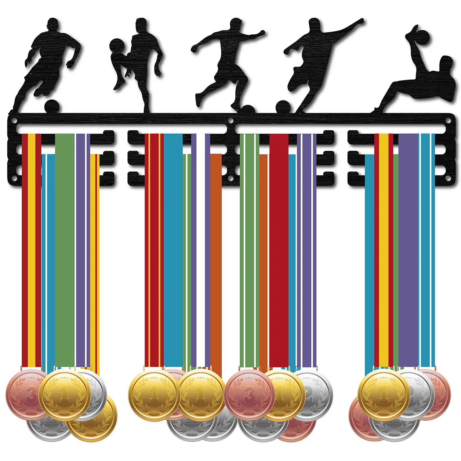 CREATCABIN Porta Medaglie Calcio Sport Giocatore Medaglie Espositore Montaggio A Parete Appendiabiti Decor Porta in Legno Nero per Giochi Corridori Casa Porta Badge 3 File Appendere 60 medaglie