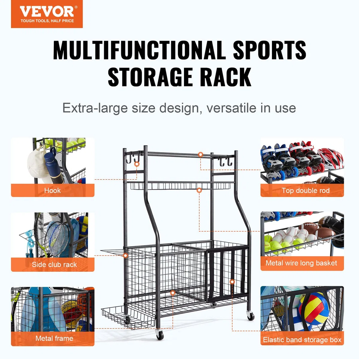 VEVOR Carrello Portautensili per Attrezzature Sportive Palla Racchetta, Carrello Portapalle su Ruote, Portapalle da Basket con Cestini Ganci, Carrello per Attrezzatura Sportiva Giocattoli Utensili