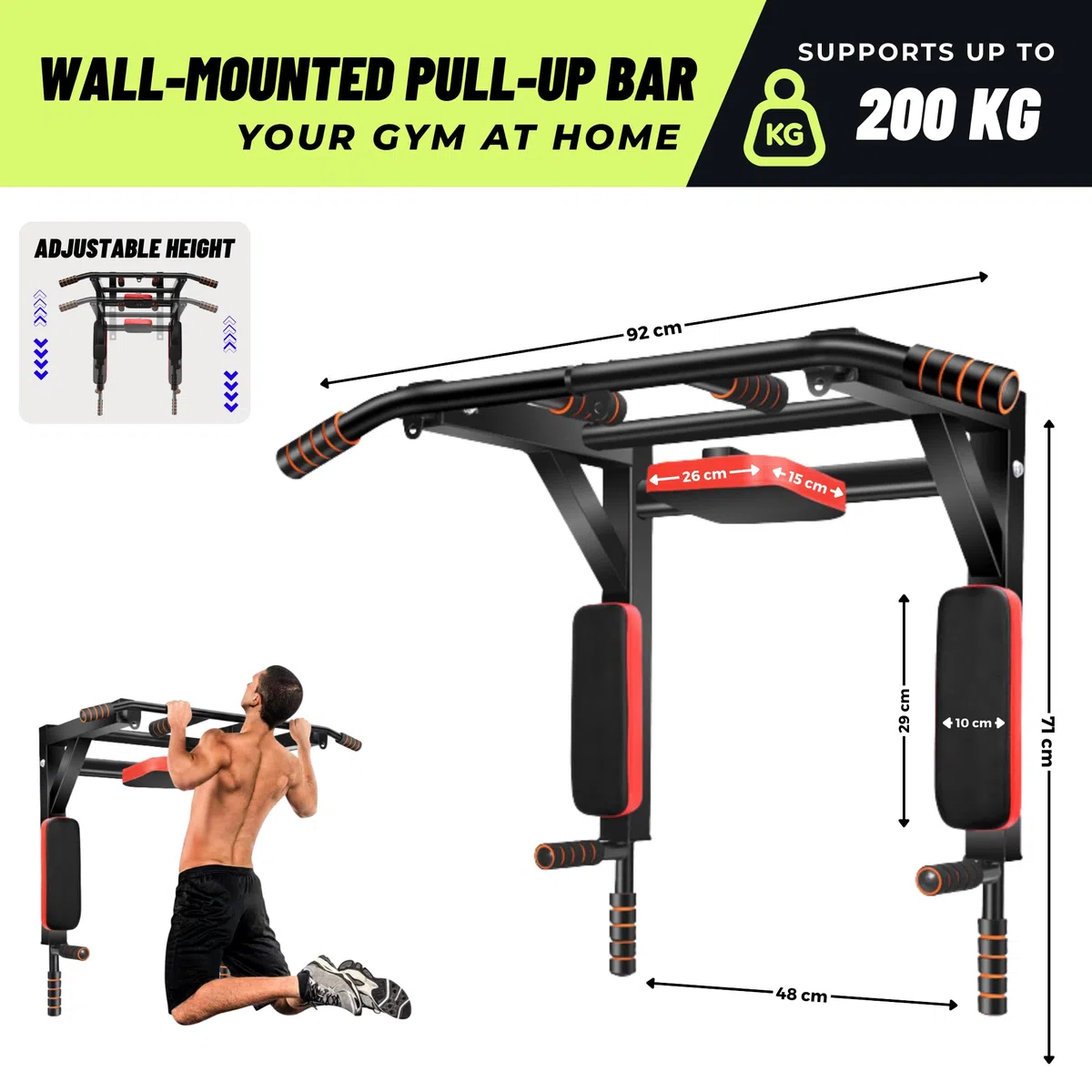 Barra Multifunzione per Trazioni da Fissare al Muro. Barra per Chin Up. Attrezzatura per l'allenamento in Palestra con Supporto Multi-presa, Supporta Fino a 200 kg.