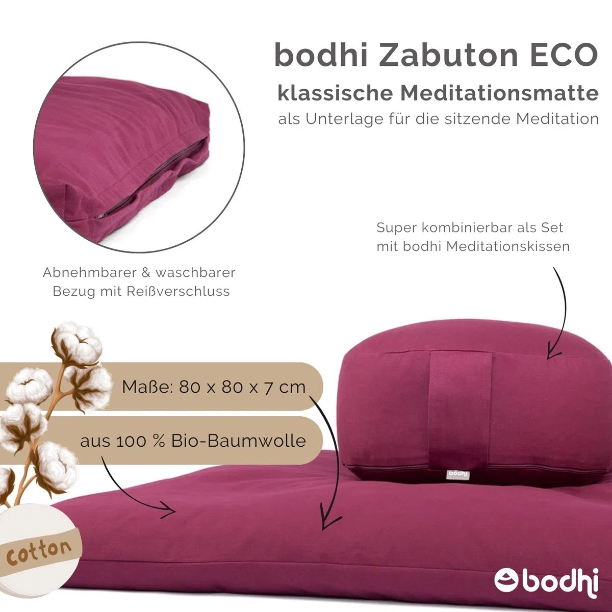 Bodhi Tappetino da meditazione ZABUTON | Serie ECO | Classico tappetino da yoga con rivestimento sfoderabile in 100% cotone biologico, con chiusura lampo, 80 x 80 x 7 cm