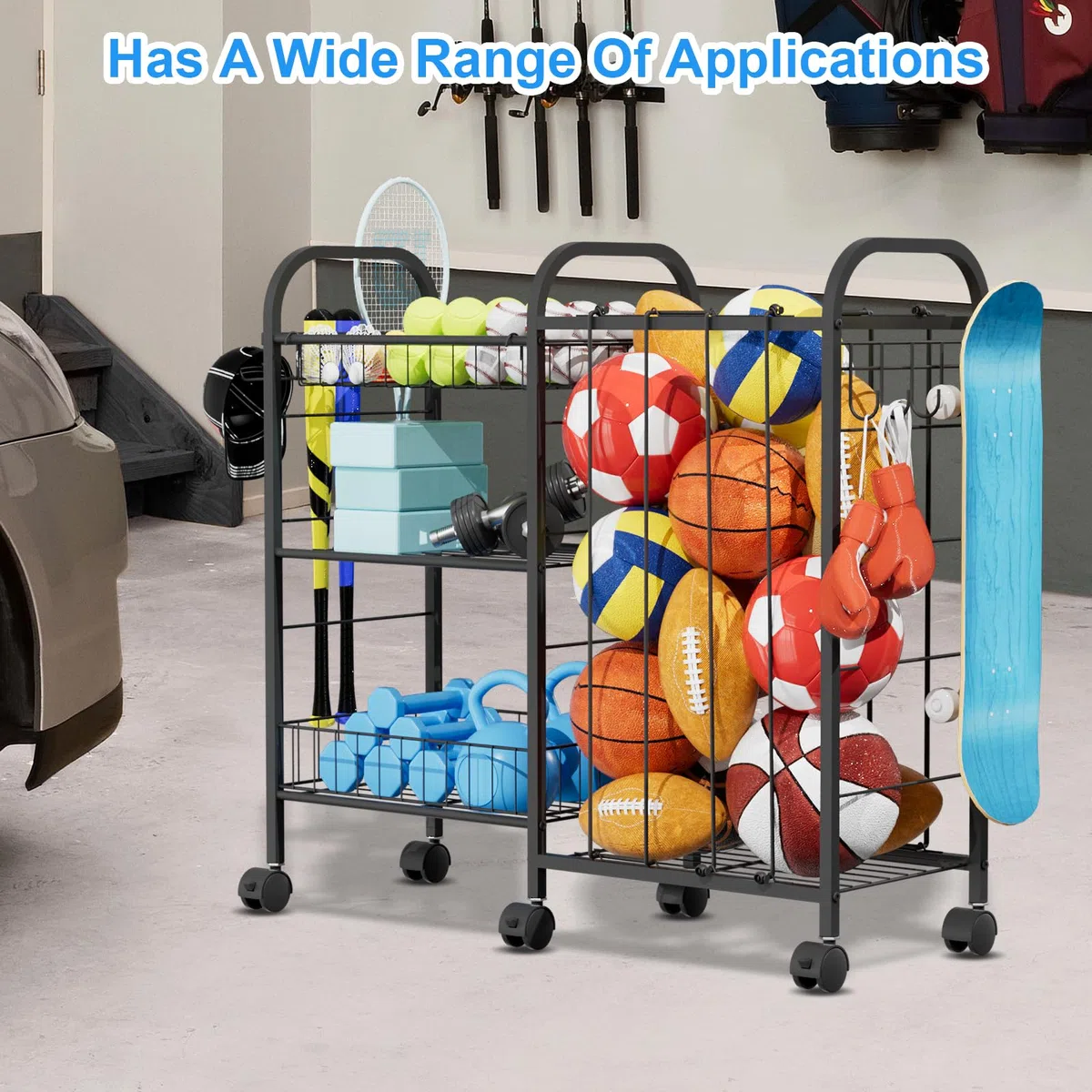Carrello portaoggetti per palline, con 6 ruote, elastico, cestino rimovibile, gancio, scaffalatura per attrezzature sportive per garage, cameretta dei bambini, cortile, scuola, interni ed esterni