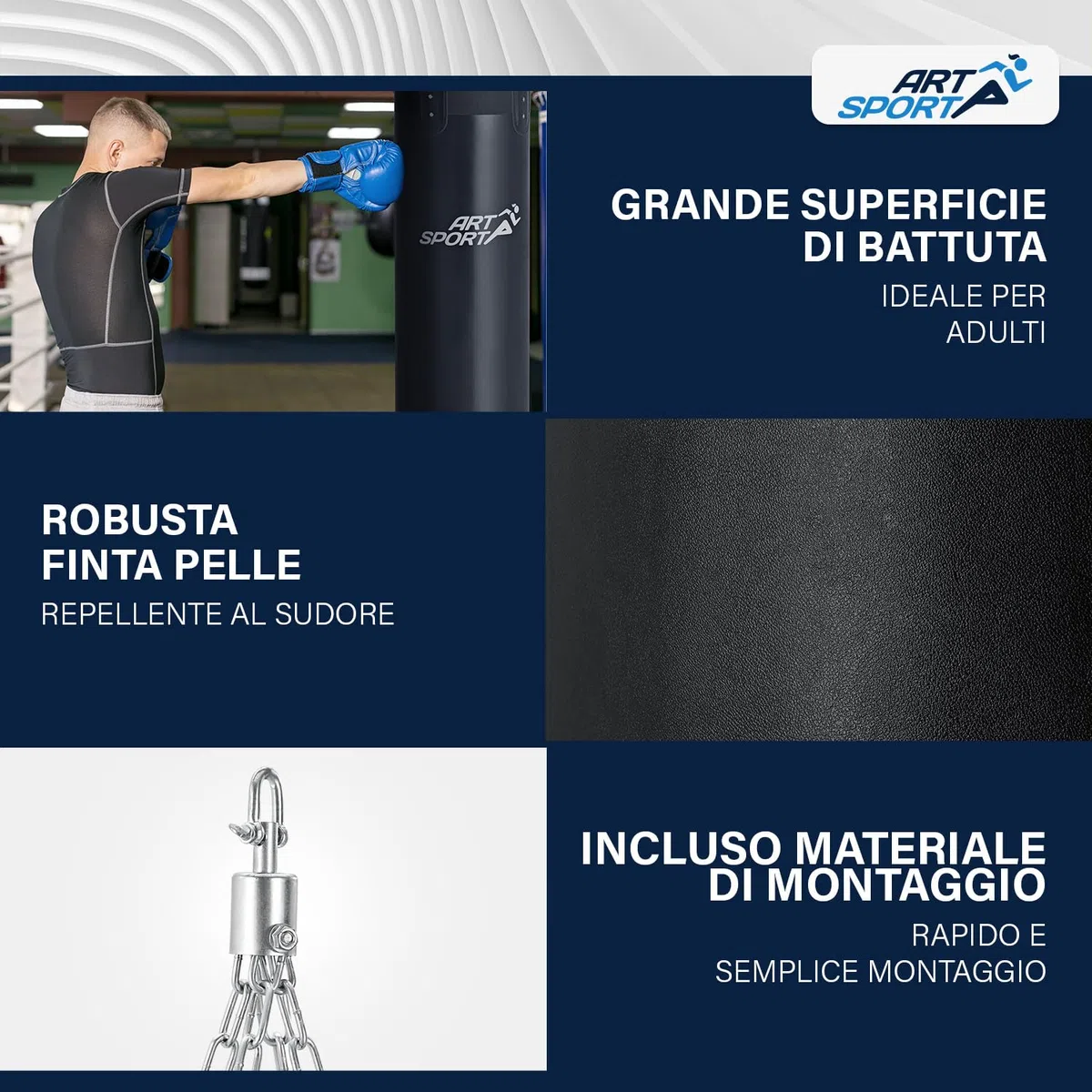 ArtSport Sacco da Boxe - Kit con Catena in Acciaio & Girella - Sacco da Pugilato Sospeso per Boxe & Kickboxing