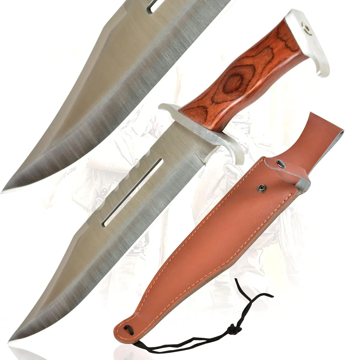 Swords and more Coltello da caccia con fodero in pelle – Lama fissa in acciaio inox, coltello outdoor per campeggio, escursionismo e attività all’aperto