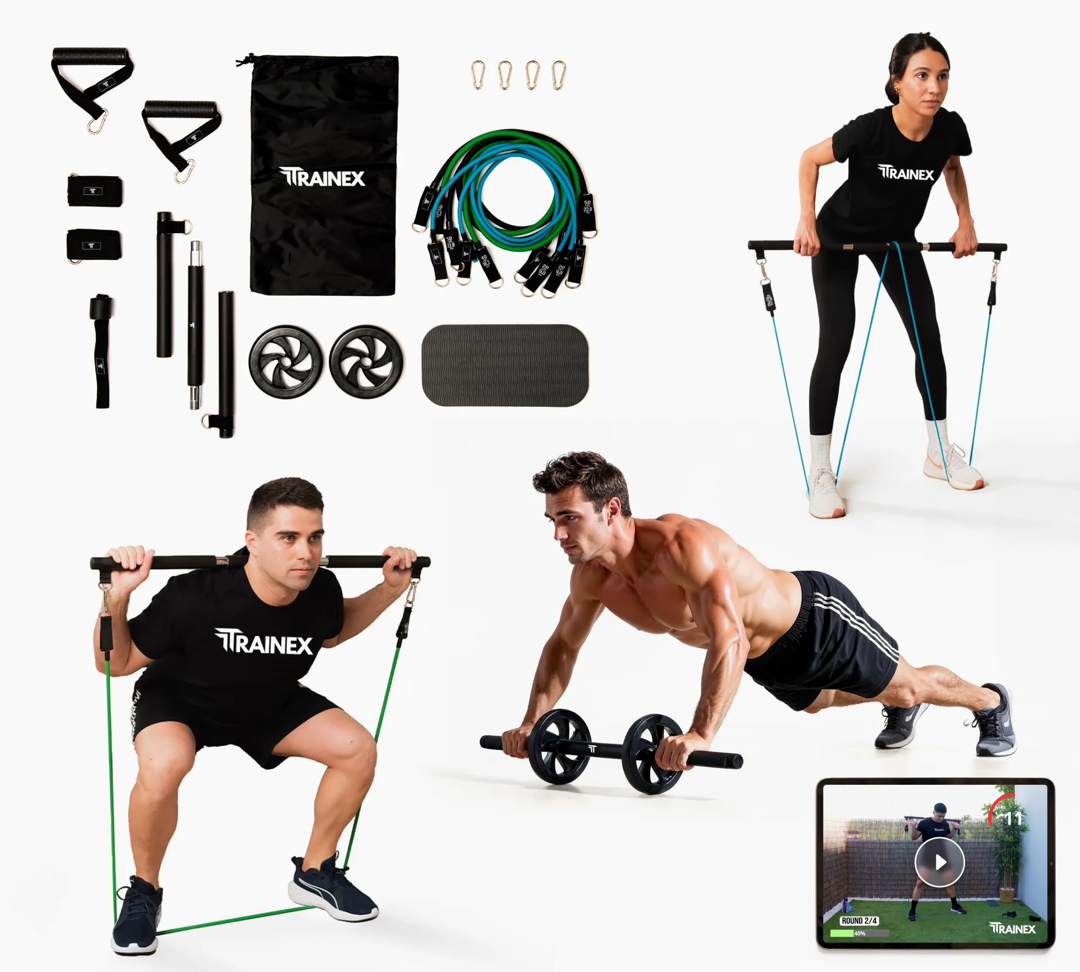 Elastici Fitness con Barra | Bande di Resistenza fino a 100 kg | Kit Allenamento a Casa Completo | Workout Efficace per Tutto il Corpo | TRAINEX