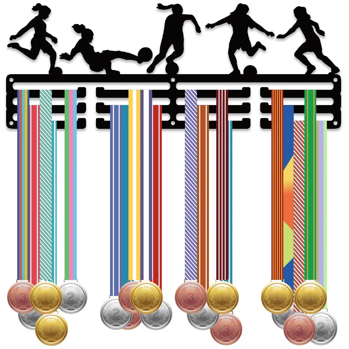 CREATCABIN Espositore per Medaglie da Calcio in Metallo da Parete per Calcio Femminile in Ferro Nero per Contenere 60+ premi Nastri Organizer con 12 Ganci per Atleti di Calcio 40x15cm