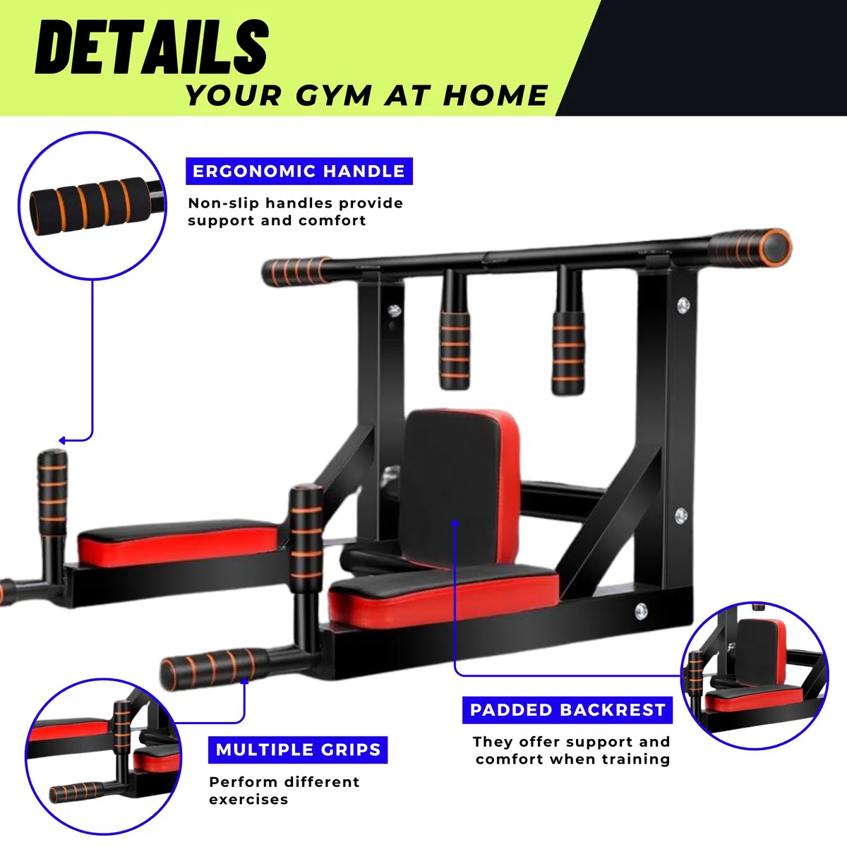 Barra Multifunzione per Trazioni da Fissare al Muro. Barra per Chin Up. Attrezzatura per l'allenamento in Palestra con Supporto Multi-presa, Supporta Fino a 200 kg.