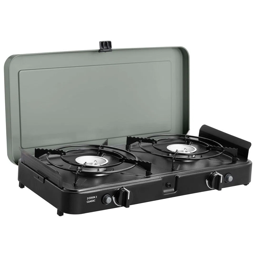 CADAC 2-Cook 3 Fornello da Campeggio Portatile - 30 mBar - Grill da Tavolo a 2 Fuochi con Accensione Piezoelettrica, Termocoppia di Sicurezza, Paravento e Borsa da Trasporto per Cucina all’Aperto