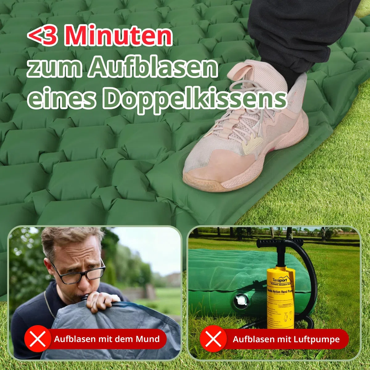 Materassino autogonfiabile per 2 persone, materassino da campeggio con pompa, ultraleggero con cuscino integrato, impermeabile, per esterni, escursioni, 120 x 190 cm (verde)