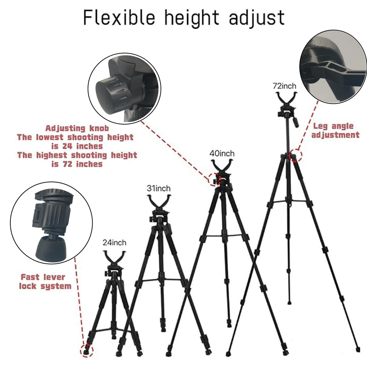Treppiede per fucile con staffa a V girevole a 360 e adattatore per treppiede per fotocamera, telaio in alluminio, livella a bolla, gambe regolabili per caccia e attività all'aperto