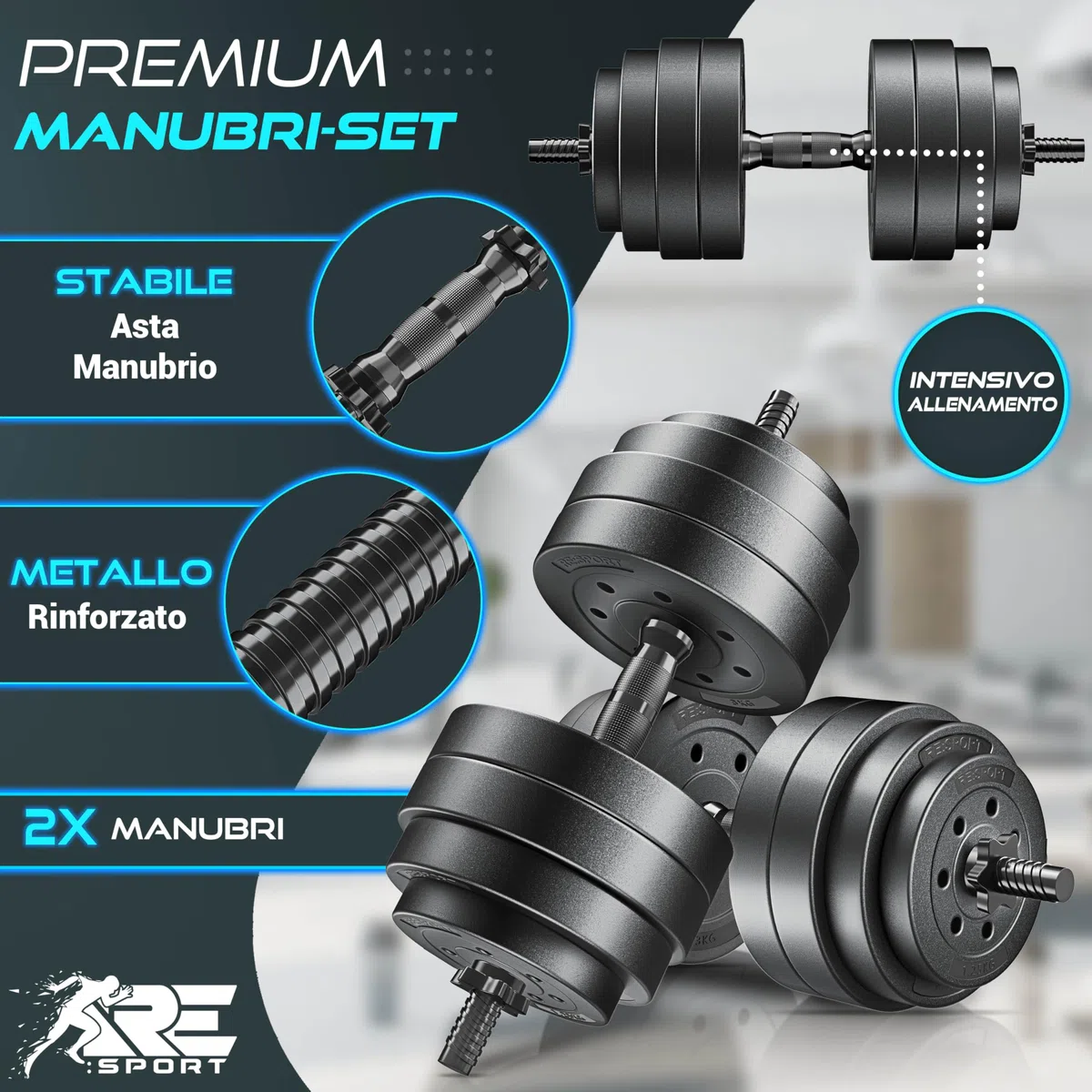 RE:SPORT Set di 2 manubri regolabili 15/20/30/40 kg | Manubri con pesi e 4 chiusure a stella | Manubri fitness per costruzione muscolare, allenamento e casa