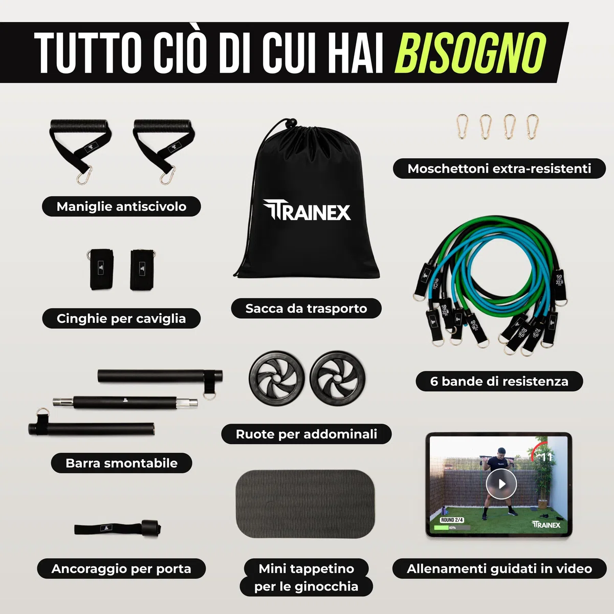 Elastici Fitness con Barra | Bande di Resistenza fino a 100 kg | Kit Allenamento a Casa Completo | Workout Efficace per Tutto il Corpo | TRAINEX