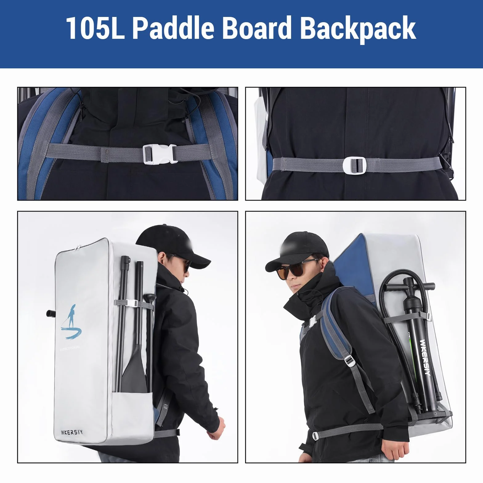 Zaino da viaggio impermeabile da 105 l, per paddleboard gonfiabile, SUP Stand Up Board, borsa a tracolla, panno Oxford portatile, borsa da surf